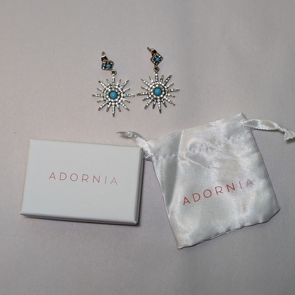 14K Yellow Gold Plated Turquoise & Swarovski Crystal Starburst Earrings - Picture 3 of 4